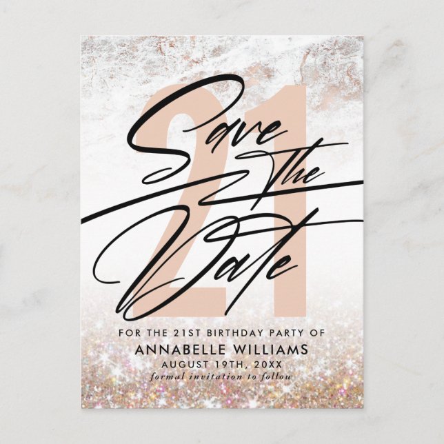 Carte Postale Rose Gold Marble 21e fête d'anniversaire Enregistr (Devant)