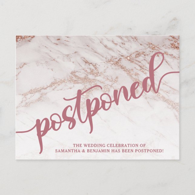 Carte Postale Rose Gold Marble reporté Mariage Faire-part (Devant)