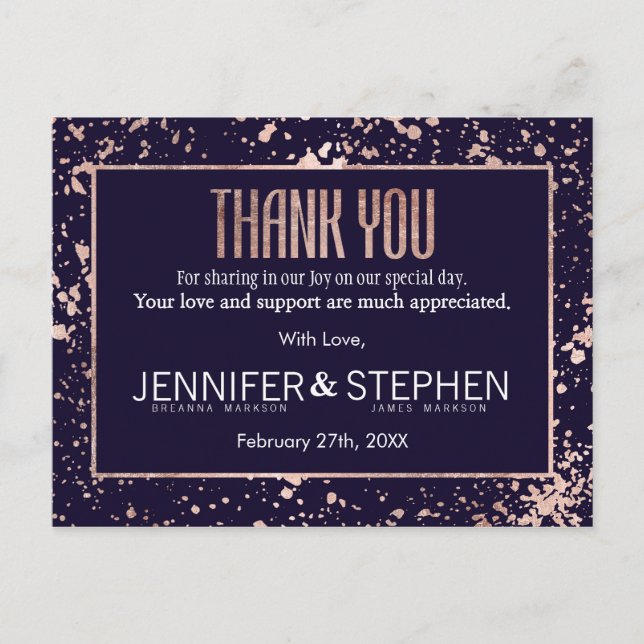 Carte Postale Rose Gold Marine Blue Paint Splateaux Merci (Devant)