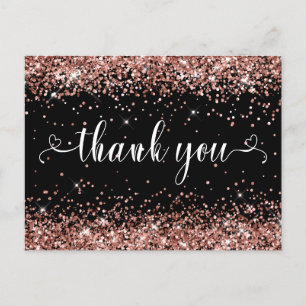 Carte Postale Rose Gold Pailleté Noir Merci Sweet 16 Cœurs