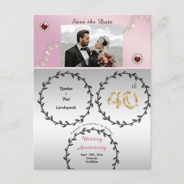 Carte Postale Rose Gold Ruby 40e Anniversaire de Mariage Save th (Devant)