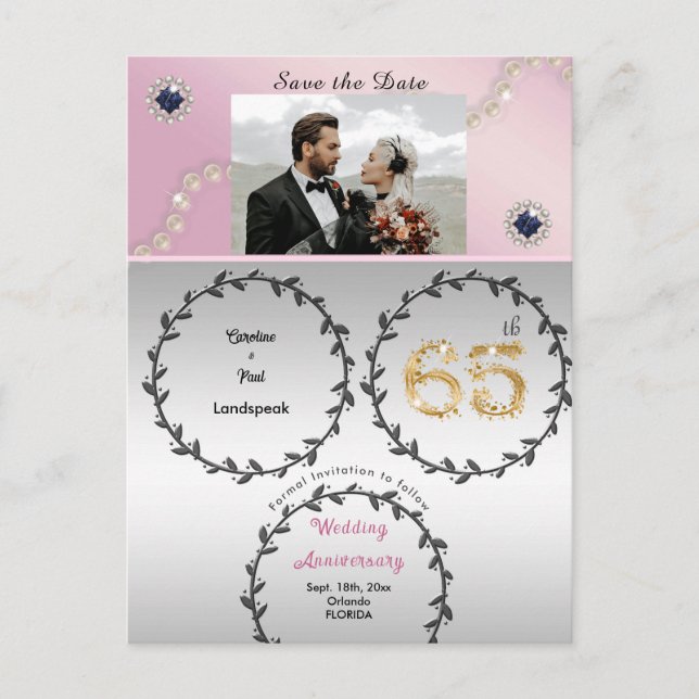 Carte Postale Rose Gold Sapphire 65e anniversaire Enregistrer la (Devant)