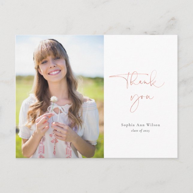 Carte Postale Rose Gold Script Graduation Merci avec photo (Devant)