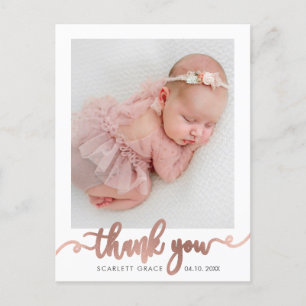 Carte Postale Rose Gold Script Minimaliste Baby Photo Merci