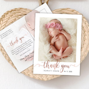 Carte Postale Rose Gold Script Modern Baby Photo Merci