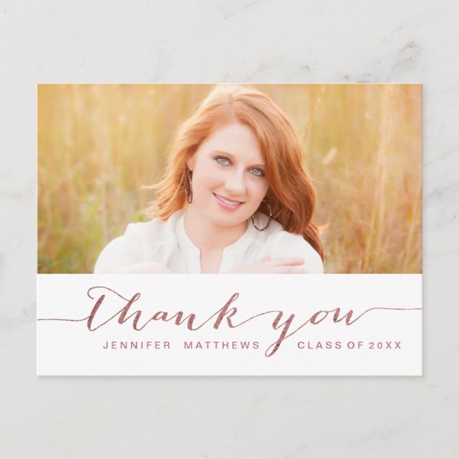 Carte Postale Rose Gold Script Photo Graduation Merci (Devant)