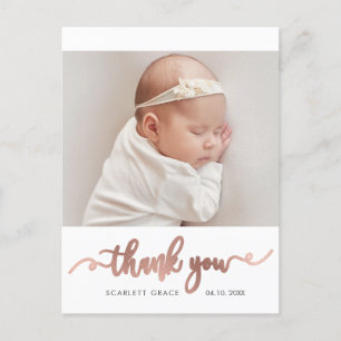 Carte Postale Rose Gold Script Simple Baby Photo Merci