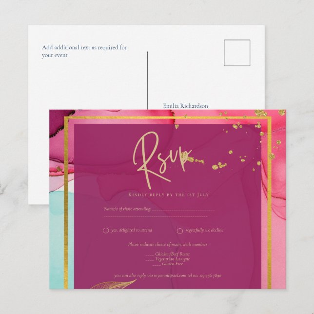 Carte Postale ROSE intense Turquoise OR OR MARIAGE Encre d'alcoo (Devant / Derrière)