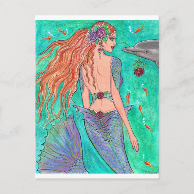 Carte Postale Rose Mermaid "The Gift" Dolphin Imaginaire Art! (Devant)