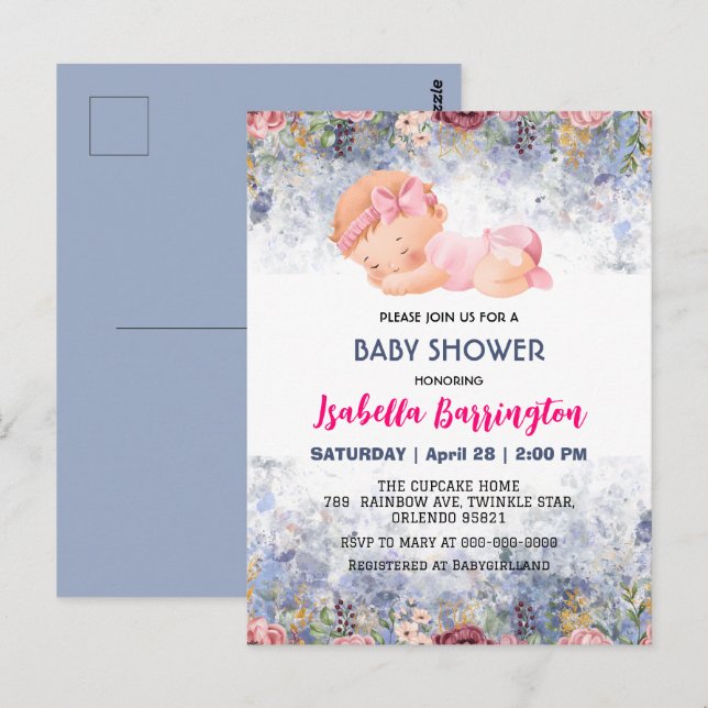 Carte Postale Rose mignonne bébé fille Rose fleurs baby shower e (Devant / Derrière)