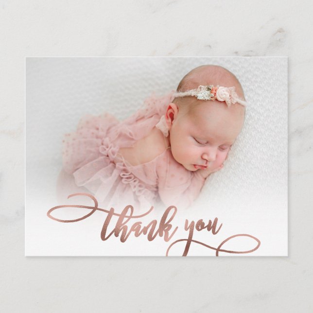 Carte Postale Rose moderne Gold Script New Baby Photo Merci (Devant)