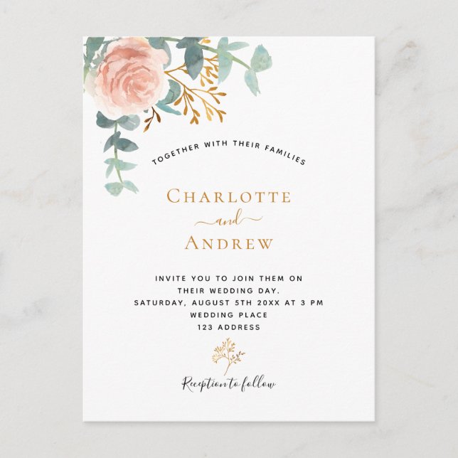 Carte Postale Rose or fleuri eucalyptus vert vert rose mariage (Devant)