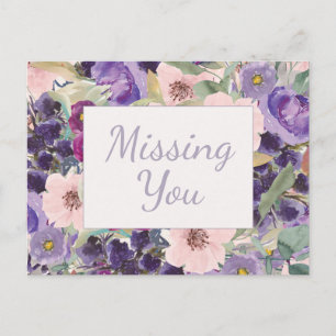 Carte Postale Rose Pâle Violet Aquarelle Florale Tu Me Manques