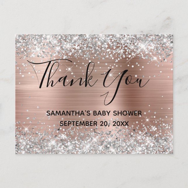 Carte Postale Rose Parties scintillant argent  Baby shower or Me (Devant)