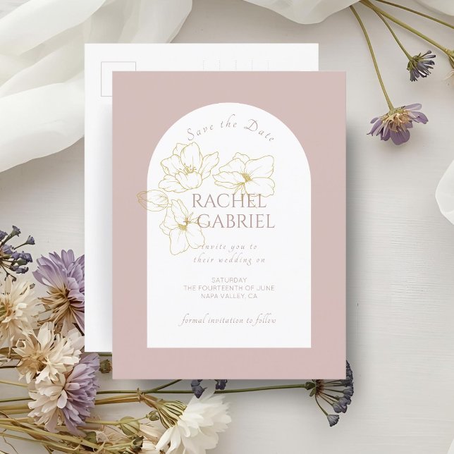 Carte Postale Rose poussiéreux | Boho Arch Gold Floral Mariage (Créateur téléchargé)