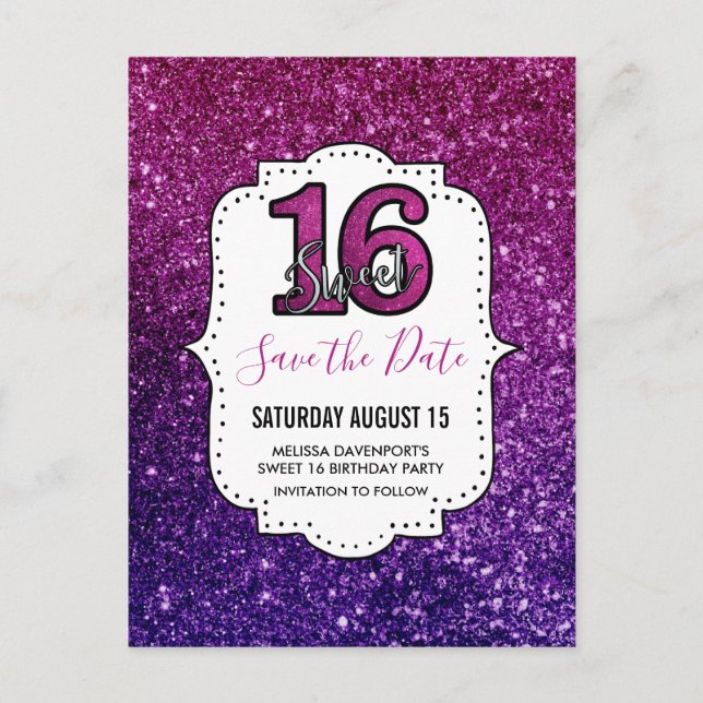 Carte Postale Rose & Purple Sweet 16 Sparkling Enregistrer la da (Devant)