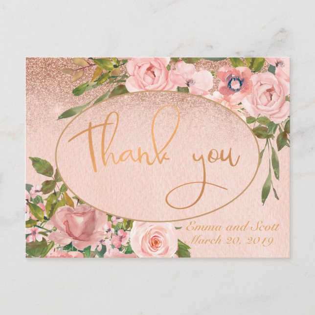 Carte Postale Rose rose or Merci  Mariage Floral (Devant)