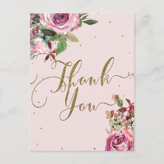 Carte Postale Rose rose rose vif Or Floral Merci moderne (Devant)