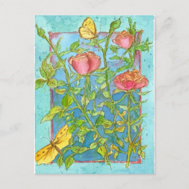 Carte Postale Rose Roses Papillon jaune Jardin Aquarelle Art (Devant)