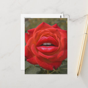 Carte Postale Rose rouge avec collage de lèvres