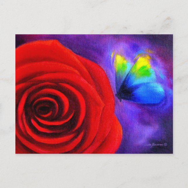 Carte Postale Rose rouge avec peinture papillon - Multi (Devant)