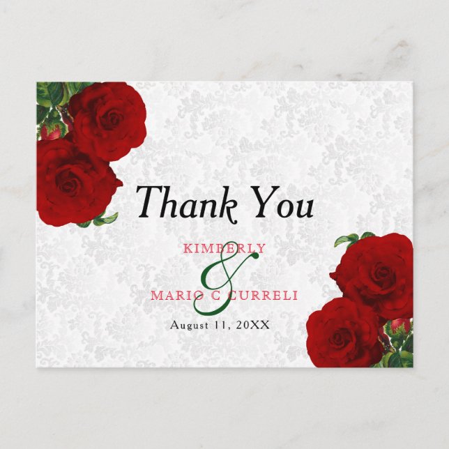 Carte Postale Rose rouge profonde Mariage floral - Merci (Devant)