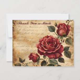 Carte Postale Rose rouge sur parchemin ancien Merci
