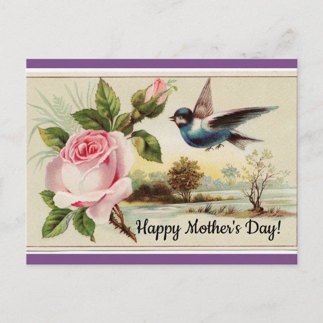 Carte Postale Rose vintage Et Oiseau (Devant)