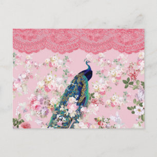 Carte Postale Rose vintage floral élégant dentelle coloré paon