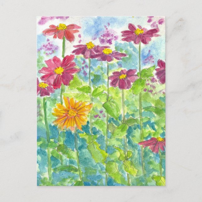 Carte Postale Rose Zinnia Fleur sauvage Aquarelle Jardin Art (Devant)