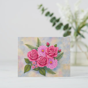 Carte Postale Roses avec Dahlias