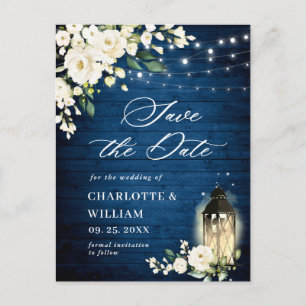 Carte Postale Roses blanches Mariage en bois bleu Enregistrer la