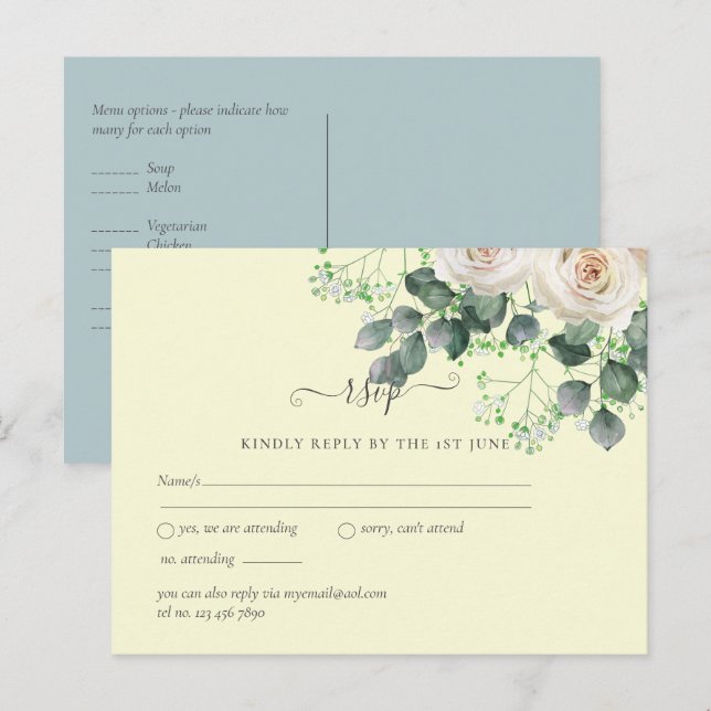 Carte Postale Roses blanches Sauge Eucalyptus Citron Jaune RSVP (Devant / Derrière)