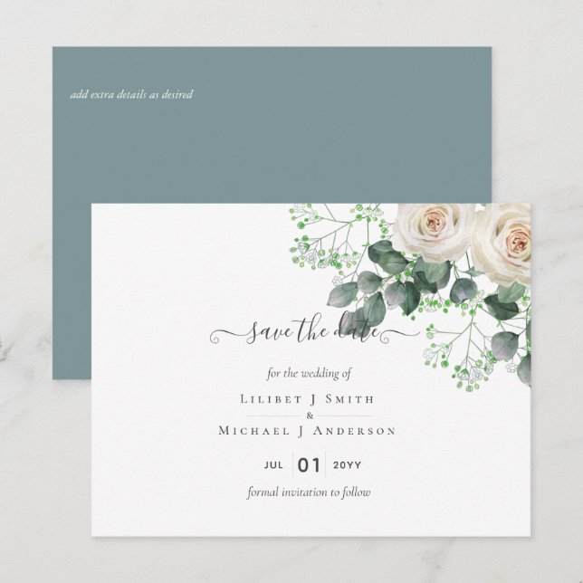 Carte Postale Roses blanches Sauge Eucalyptus Dates de mariage à (Devant / Derrière)