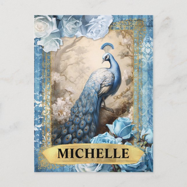 Carte Postale Roses bleus romantiques et Imaginaire Peacock (Devant)