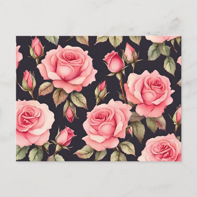Carte Postale Roses d'aquarelle rose sur Arrière - plan noir (Devant)