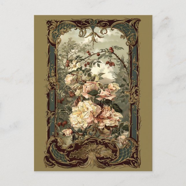 Carte Postale Roses de l'époque victorienne et cadre baroque Roc (Devant)