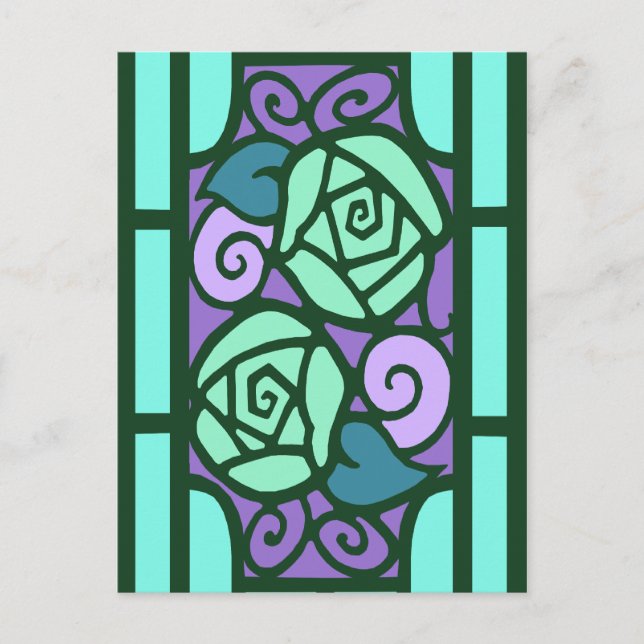 Carte Postale Roses déco dans Aqua et Purple (Devant)