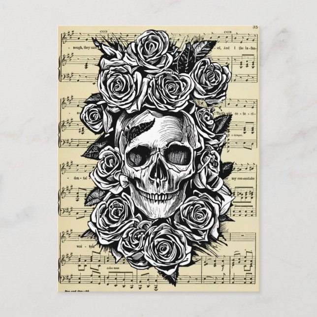 Carte Postale Roses du crâne humain Goth Biker Illustration d'ar (Devant)