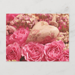 Carte Postale Roses et Coeur rose radiant