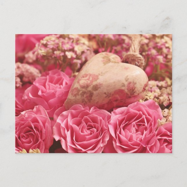 Carte Postale Roses et Coeur rose radiant (Devant)
