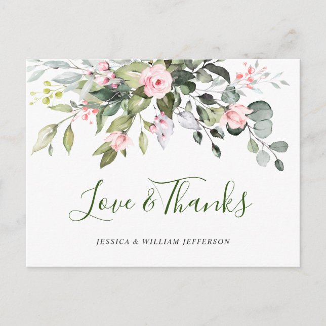 Carte Postale Roses Eucalyptus Rose Pâle Mariage Remerciements (Devant)