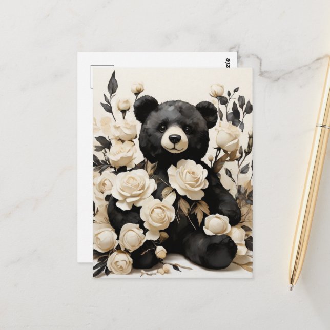 Carte Postale Roses papier et ours noir Valentine (Devant/Arrière en situation)