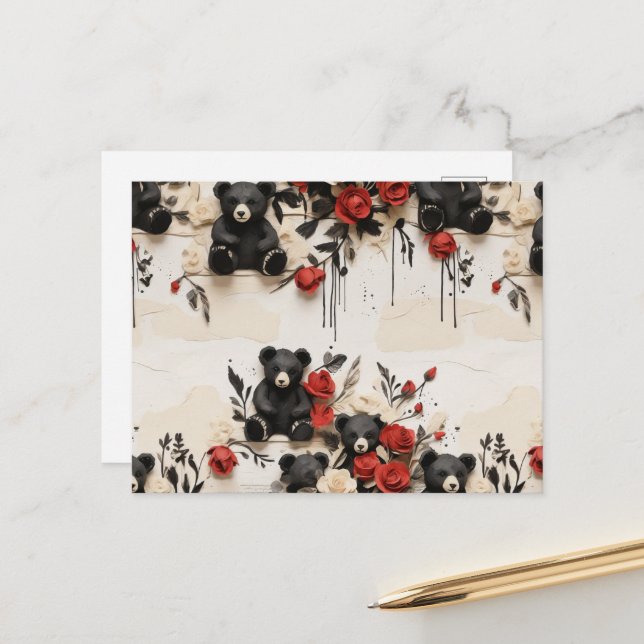 Carte Postale Roses papier et ours noirs Valentine (Devant/Arrière en situation)