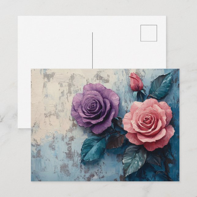Carte Postale Roses roses et violets Arrière - plans en détresse (Devant / Derrière)