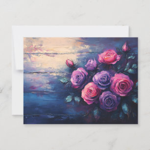 Carte Postale Roses roses et violets sur bois