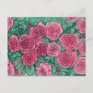 Carte Postale Roses roses, Jardin Rose, Vie Croquis d'encre Past