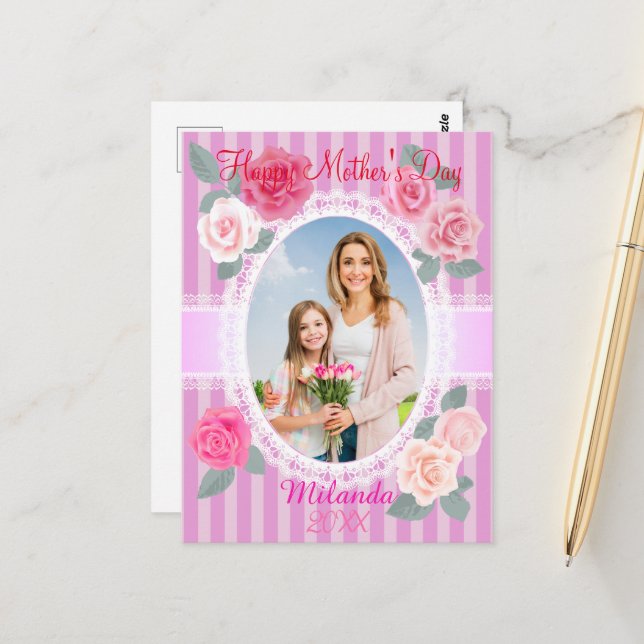 Carte Postale Roses roses joyeuse fête des mères (Devant/Arrière en situation)