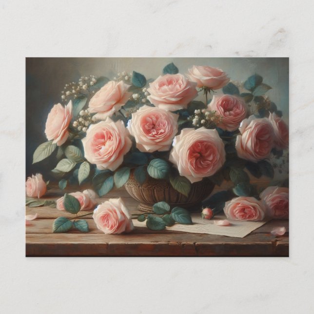 Carte Postale Roses roses romantiques Peinture à l'huile florale (Devant)