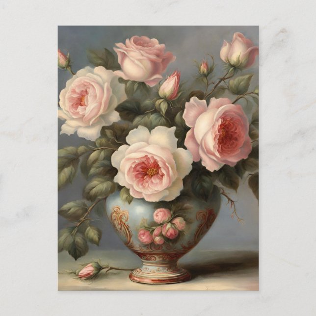 Carte Postale Roses roses roses dans un vase  (Devant)